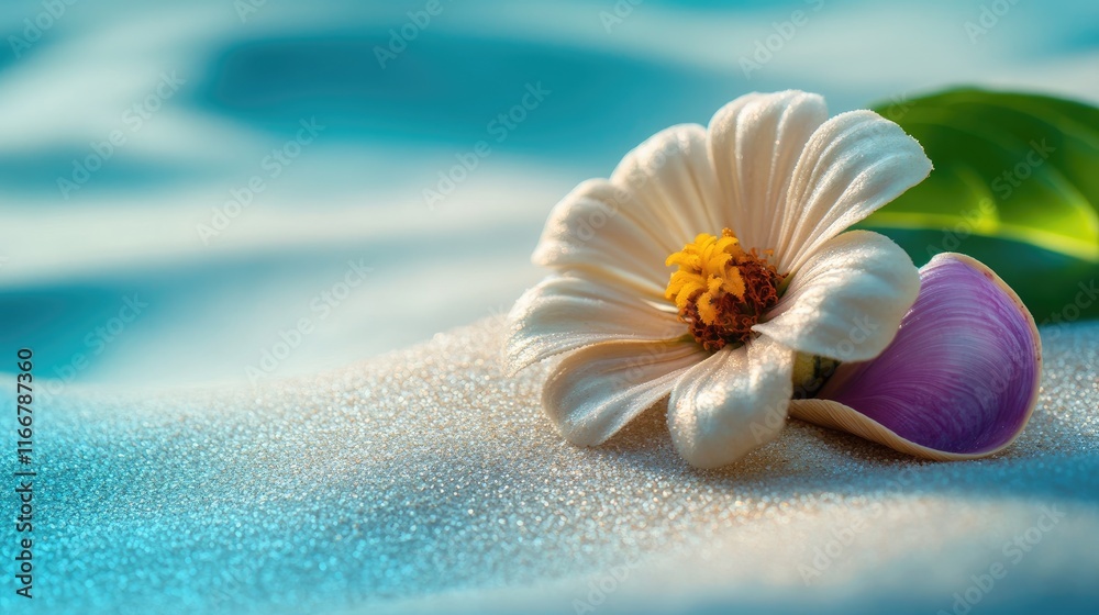 Delicate flower petals resting on soft sand with vibrant colors highlighting nature's beauty and tranquility in a serene summer setting Delicate flower petals resting on soft sand with vibrant colors highlighting nature's beauty and tranquility in a serene summer setting