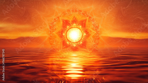 A sacral chakra glowing in vibrant orange, surrounded by rippling water patterns and delicate geometric shapes
