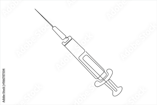 Syringes for injections continuous one line art drawing of vaccination, health care injection, blood sampling for laboratory analysis. Medical concept