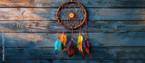 Intricately designed dream catcher with colorful feathers against a rustic wooden background showcasing bohemian home decor style photo