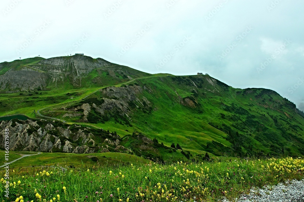 Fototapeta premium Austrian Alps - view of Spullerschafberg mountain in fog near Lech in Lechtal Alps