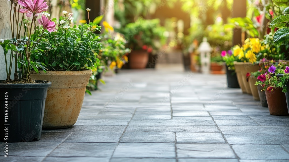 Fototapeta premium Close up of beautifully arranged floor tiles alongside vibrant potted plants creating a serene outdoor atmosphere in daytime lighting