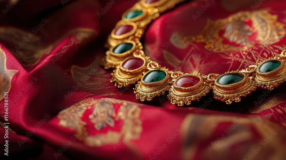 Obraz premium Exquisite Gold Necklace with Colorful Gemstones on Silk Fabric