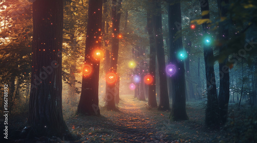 A mystical forest with chakras glowing in harmony, their light creating intricate patterns on trees and leaves photo