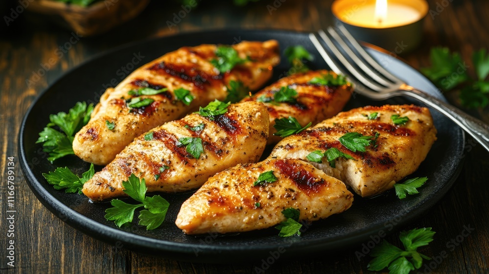 Grilled chicken strips garnished with fresh parsley served on a black plate with candlelight ambiance on a rustic wooden table. Grilled chicken strips garnished with fresh parsley served on a black plate with candlelight ambiance on a rustic wooden table.