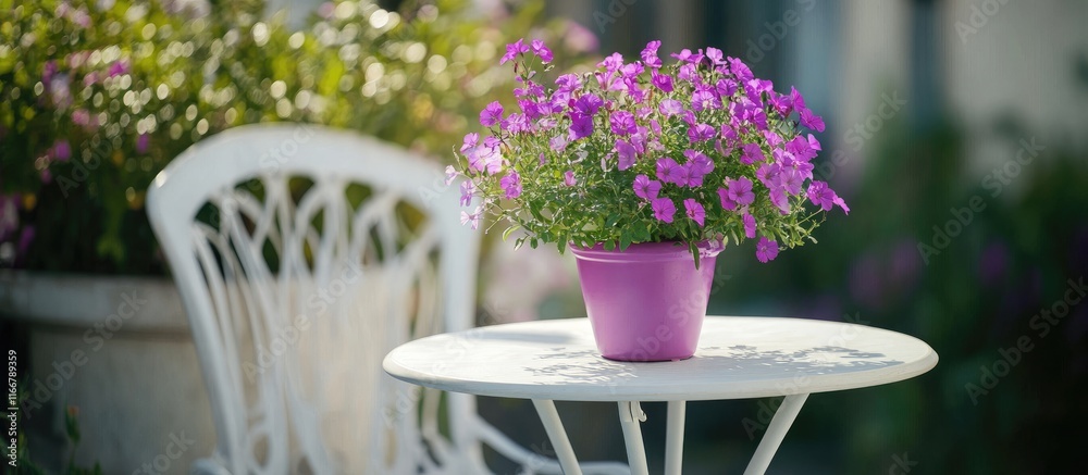 Chic outdoor dining setup featuring an elegant white chair and table adorned with a vibrant flower pot perfect for relaxation and gatherings Chic outdoor dining setup featuring an elegant white chair and table adorned with a vibrant flower pot perfect for relaxation and gatherings