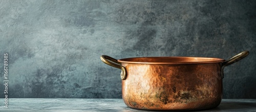 Copper cooking pot on a rustic countertop with a textured stone background showcasing craftsmanship and vintage kitchen aesthetics.