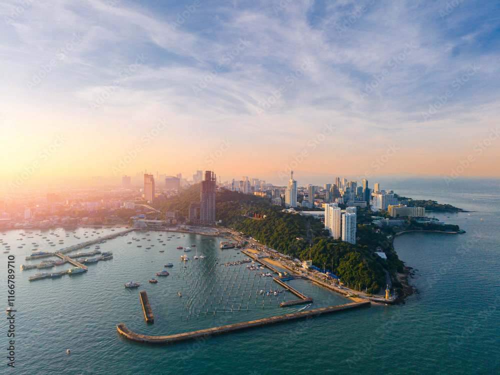 Fototapeta premium Aerial top view sunrise panorama landscape city Pattaya Thailand