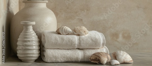 Serene bathroom decor featuring cockleshells plush towels and a ceramic bottle for a calming coastal ambiance photo