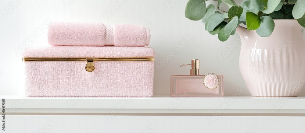 Elegant accessory box with pink towels and decorative plants on a bathroom shelf creating a stylish and organized space Elegant accessory box with pink towels and decorative plants on a bathroom shelf creating a stylish and organized space