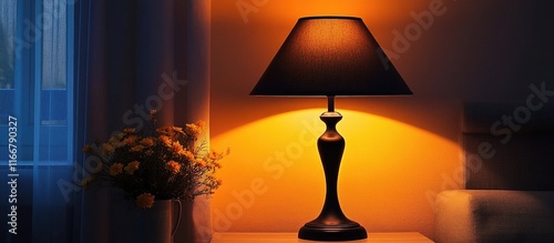 Elegant black lamp creating a warm ambiance in a chic modern apartment with stylish home decor and cozy atmosphere. photo