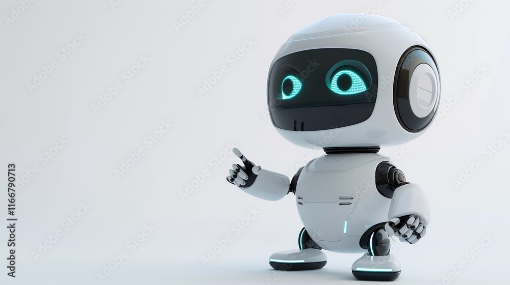 Adorable White Robot Pointing, Futuristic Technology, AI, Digital World Adorable White Robot Pointing, Futuristic Technology, AI, Digital World