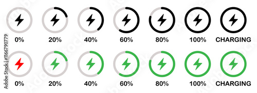Battery charge indicator icon set in red, green, and black color. Phone charge showing percentage level_0%, 20%, 40%, 60%, 80%, and 100%. Discharged and fully charged battery level from 0 to 100%.