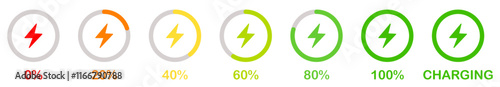 Battery charge indicator icon set in colorful style. Phone charge showing percentage level_0%, 20%, 40%, 60%, 80%, and 100%. Discharged and fully charged battery level from 0 to 100 percent.