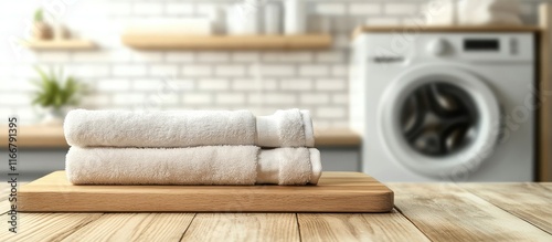 Wooden board with stacked towels against blurred washing machine backdrop perfect for product showcase and promotional marketing materials photo