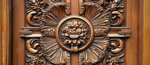 Intricate wooden door design showcasing elaborate carvings and vibrant colors complementing modern architectural styles