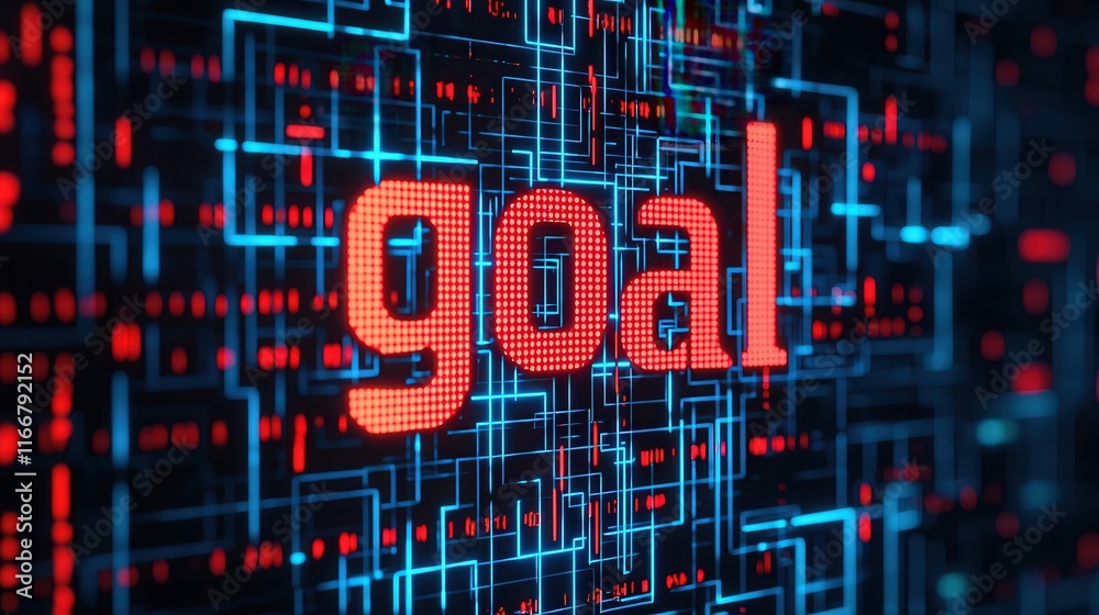 Digital Representation of the Word Goal with Neon Lights and Circuit Patterns, Symbolizing Ambition and Achievement in a Tech-Driven World Digital Representation of the Word Goal with Neon Lights and Circuit Patterns, Symbolizing Ambition and Achievement in a Tech-Driven World
