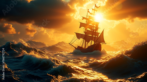 ship in the sunset  A pirate ship sails through stormy seas bathed in warm golden light