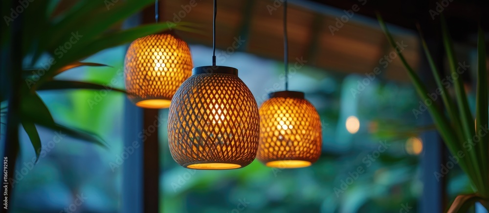 Obraz premium Modern woven pendant lights creating a warm ambiance in a luxury resort space ideal for relaxation and social gatherings