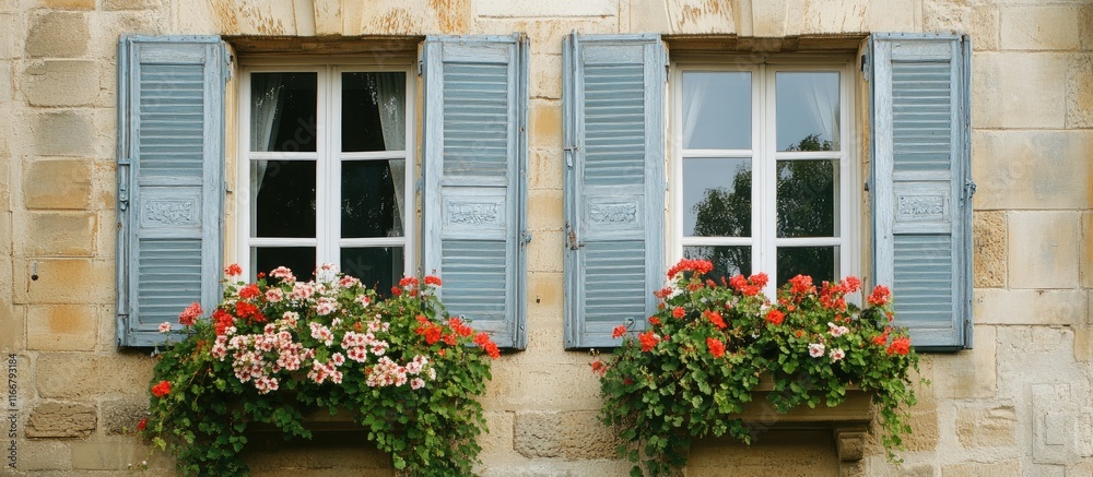 Charming house windows with colorful flower boxes showcasing beautiful curb appeal and classic architectural detail. Charming house windows with colorful flower boxes showcasing beautiful curb appeal and classic architectural detail.