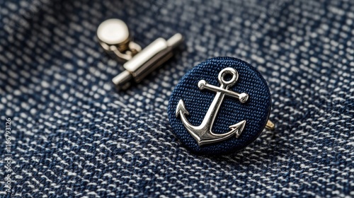 Wallpaper Mural Nautical Style Anchor Cufflink on Blue Denim Fabric Background Torontodigital.ca