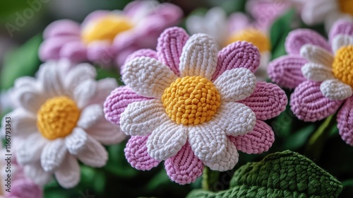 Colorful textured daisies in pink, purple, and white showcasing intricate details against a natural green backdrop creating a vibrant floral display. photo