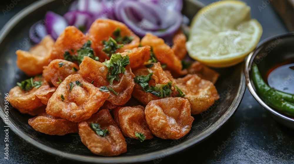 Crispy golden snack served with lemon onion and green chili garnished with fresh herbs on a rustic plate. Crispy golden snack served with lemon onion and green chili garnished with fresh herbs on a rustic plate.