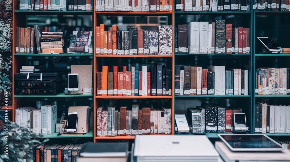 Modern Library Bookshelf with Tablets Smartphones Modern Library Bookshelf with Tablets Smartphones