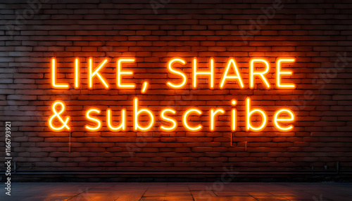 Like Share Subscribe Neon Sign on Brick Wall, Social Media Engagement, Neon Like Share Subscribe Graphic, YouTube and Social Media Promotion, Neon Sign for Engagement