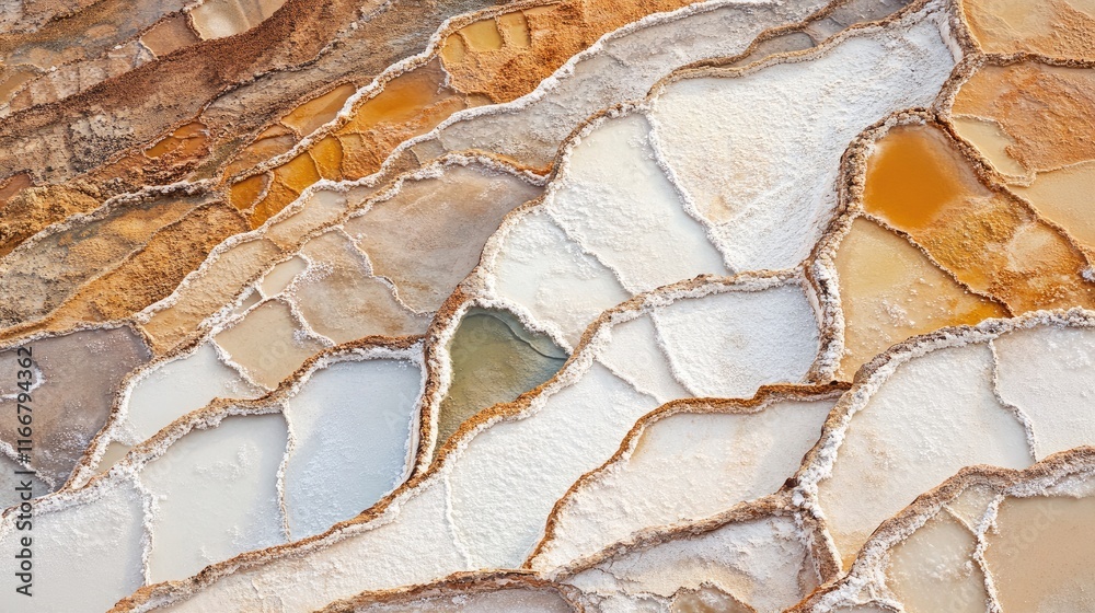 Fototapeta premium Aerial view of historic family-owned salt ponds in Maras Valley showcasing intricate patterns and natural mineral colors