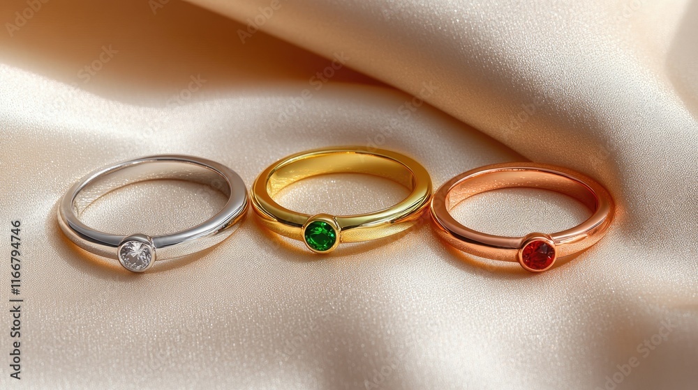 Elegant Minimalist Rings with Gemstones on Satin Fabric Background Elegant Minimalist Rings with Gemstones on Satin Fabric Background