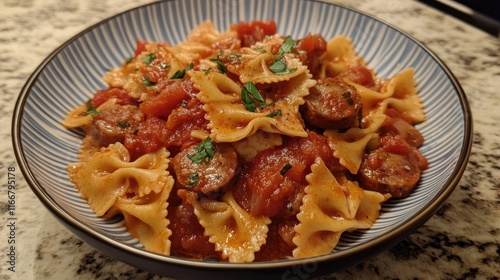 Farfalle Pasta with Hearty Tomato Sauce and Savory Sausage Garnished with Fresh Herbs in a Stylish Bowl photo