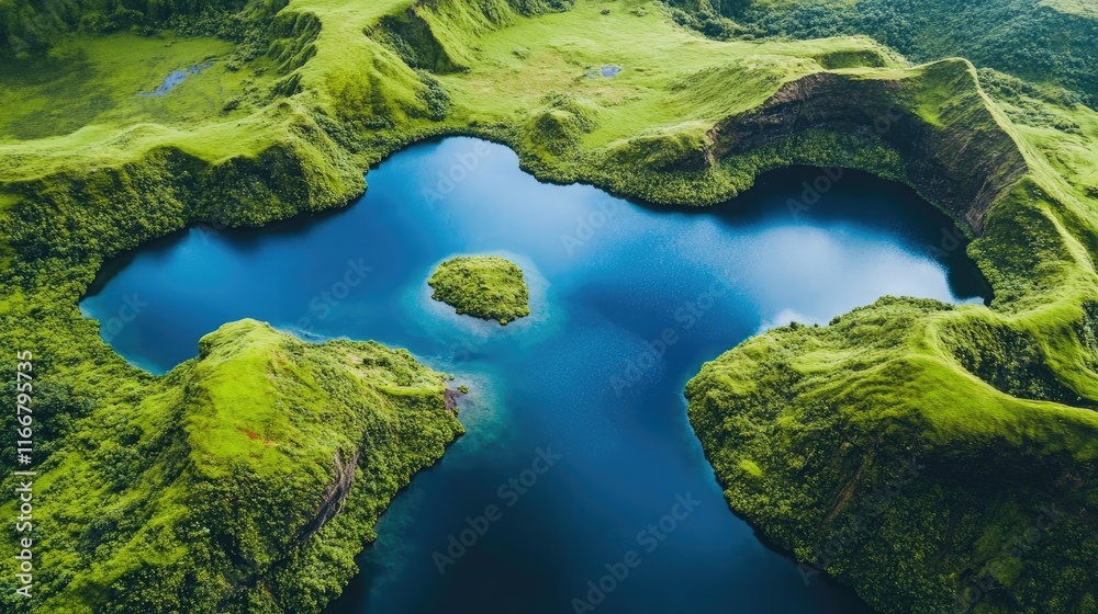 Aerial view of vibrant green hills surrounding stunning blue lakes on a serene island landscape Aerial view of vibrant green hills surrounding stunning blue lakes on a serene island landscape