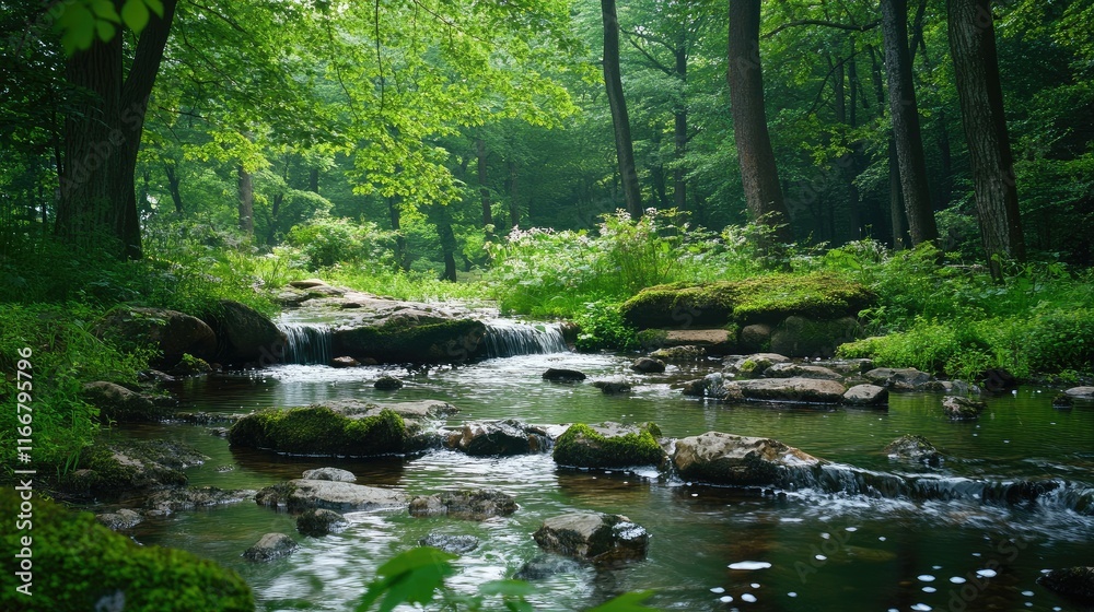 Tranquil stream flowing through lush green forest creating a serene natural landscape with rocks and gentle vegetation Tranquil stream flowing through lush green forest creating a serene natural landscape with rocks and gentle vegetation