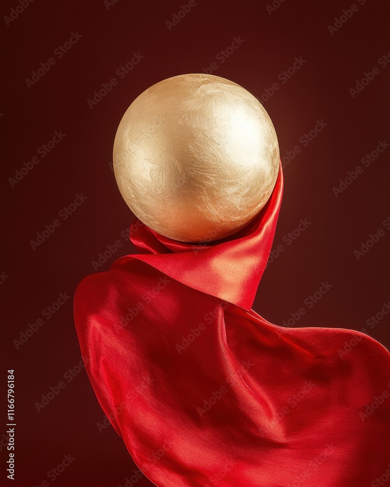 Fototapeta premium Lunar new year celebration festive decor red silk enveloping gold sphere indoor setting artistic view symbol of prosperity