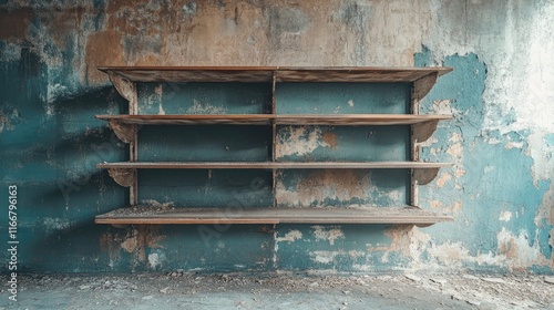 Abandoned Empty Wooden Shelf Against Weathered Wall in Derelict Building Interior photo