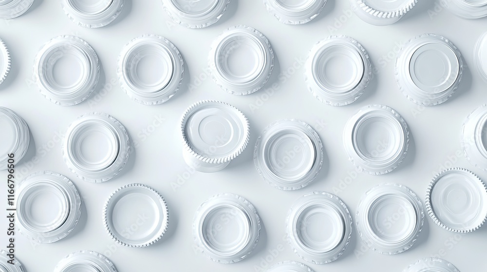A collection of white plastic bottle caps is shown in a top-down perspective against a white background. The caps are a product of the plastics industry and represent the potential for garbage reuse A collection of white plastic bottle caps is shown in a top-down perspective against a white background. The caps are a product of the plastics industry and represent the potential for garbage reuse