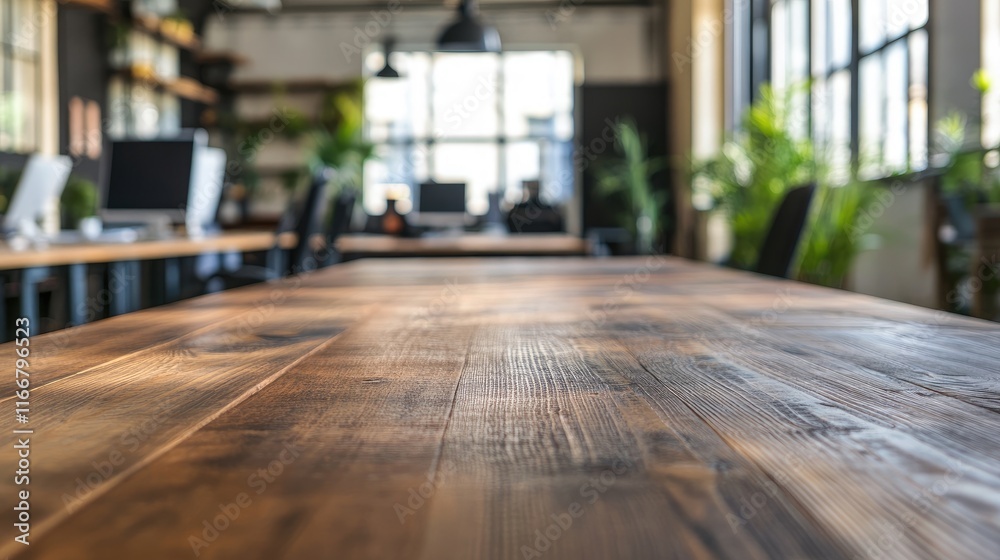 Empty wooden tabletop with blurred office interior for product showcase in modern workspace setting with greenery and natural light Empty wooden tabletop with blurred office interior for product showcase in modern workspace setting with greenery and natural light