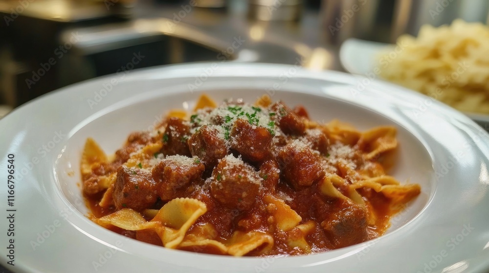 Farfalle pasta served with rich tomato sauce and savory sausage garnished with parsley and grated cheese in an elegant dish presentation Farfalle pasta served with rich tomato sauce and savory sausage garnished with parsley and grated cheese in an elegant dish presentation