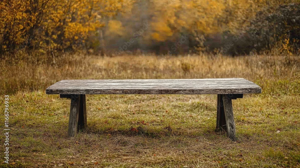 Wooden Table Surrounded by Autumn Meadow with Golden Foliage in Background High Quality Nature Photography Wooden Table Surrounded by Autumn Meadow with Golden Foliage in Background High Quality Nature Photography