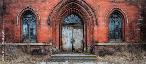 Weathered red brick church entrance with shattered doors highlighting decay and the passage of time in a forgotten setting. photo