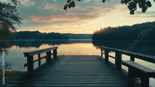 Serene wooden pier at sunset reflecting tranquil lake and scenic nature surroundings photo