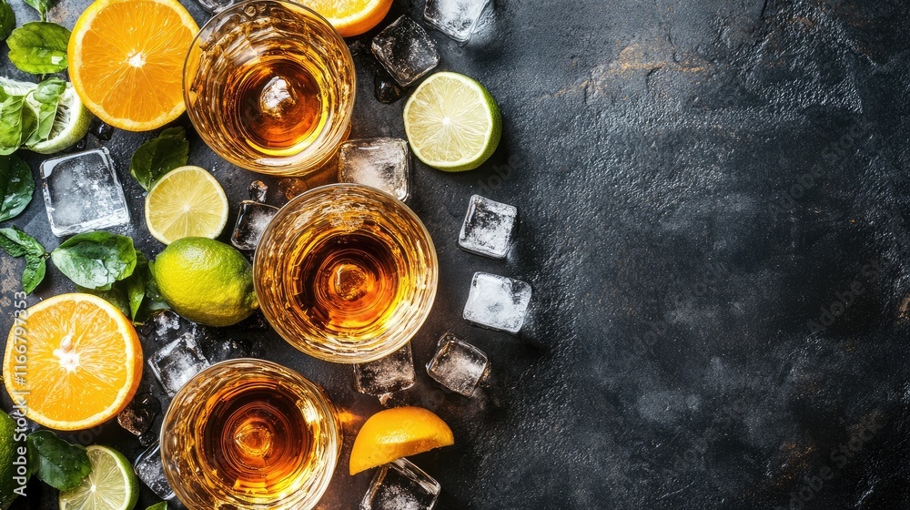 Whiskey set flat lay with ice and fresh citrus fruits including oranges, limes, and lemons on a dark textured background Whiskey set flat lay with ice and fresh citrus fruits including oranges, limes, and lemons on a dark textured background