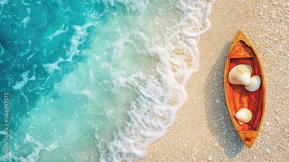 Tropical beach flat lay featuring seashells and a small wooden boat by the turquoise water's edge with soft wave patterns. Tropical beach flat lay featuring seashells and a small wooden boat by the turquoise water's edge with soft wave patterns.