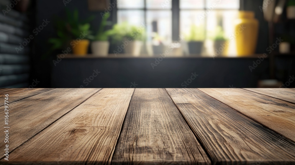 Wooden Table Waiting for Guests in Cozy Restaurant with Green Plants and Soft Natural Light Through Windows Wooden Table Waiting for Guests in Cozy Restaurant with Green Plants and Soft Natural Light Through Windows