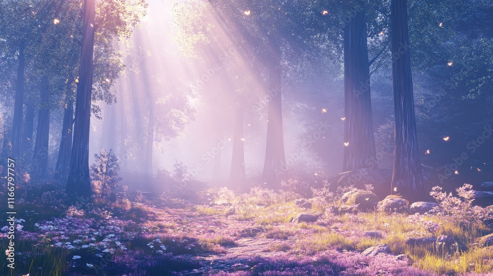 Enchanting sunlight beams illuminating a serene forest landscape with blooming flowers and a magical atmosphere in a natural park setting Enchanting sunlight beams illuminating a serene forest landscape with blooming flowers and a magical atmosphere in a natural park setting