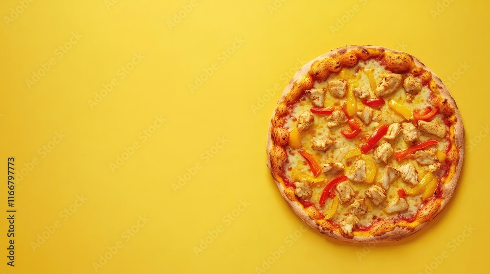 Delicious Flat Lay Pizza with Chicken Tomato and Peppers on Yellow Background with Copy Space for Food Marketing or Branding Delicious Flat Lay Pizza with Chicken Tomato and Peppers on Yellow Background with Copy Space for Food Marketing or Branding
