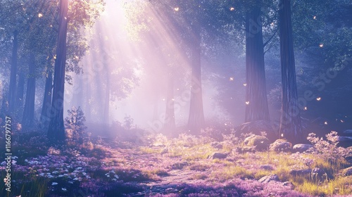 Enchanting sunlight beams illuminating a serene forest landscape with blooming flowers and a magical atmosphere in a natural park setting photo