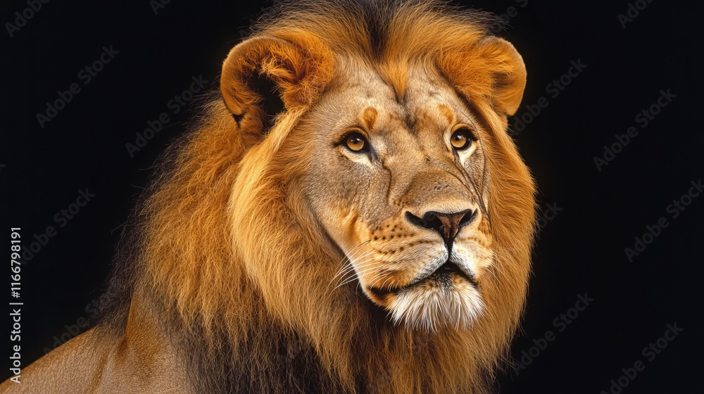 A majestic lion isolated against a black backdrop. The portrait captures the lion's regal presence, showcasing its striking features and powerful gaze. The dark background enhances the contrast A majestic lion isolated against a black backdrop. The portrait captures the lion's regal presence, showcasing its striking features and powerful gaze. The dark background enhances the contrast