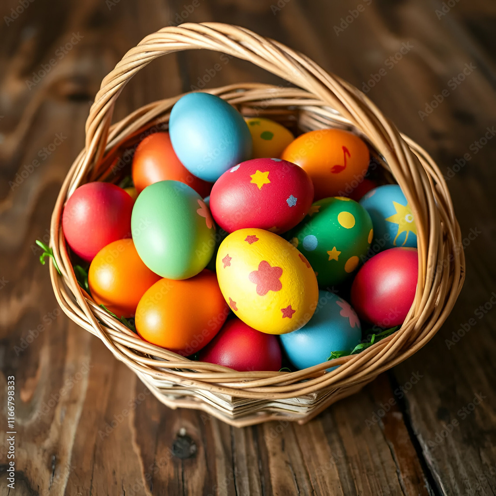 Naklejka premium Easter eggs in a basket with a wooden frame.